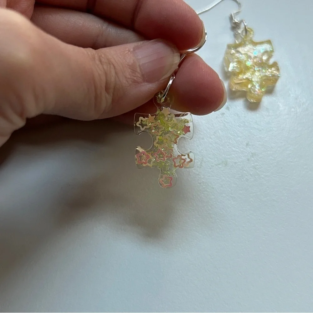 Hand Made Silver Color Dangle Yellow Puzzle Resin Earrings Star Glitter Design